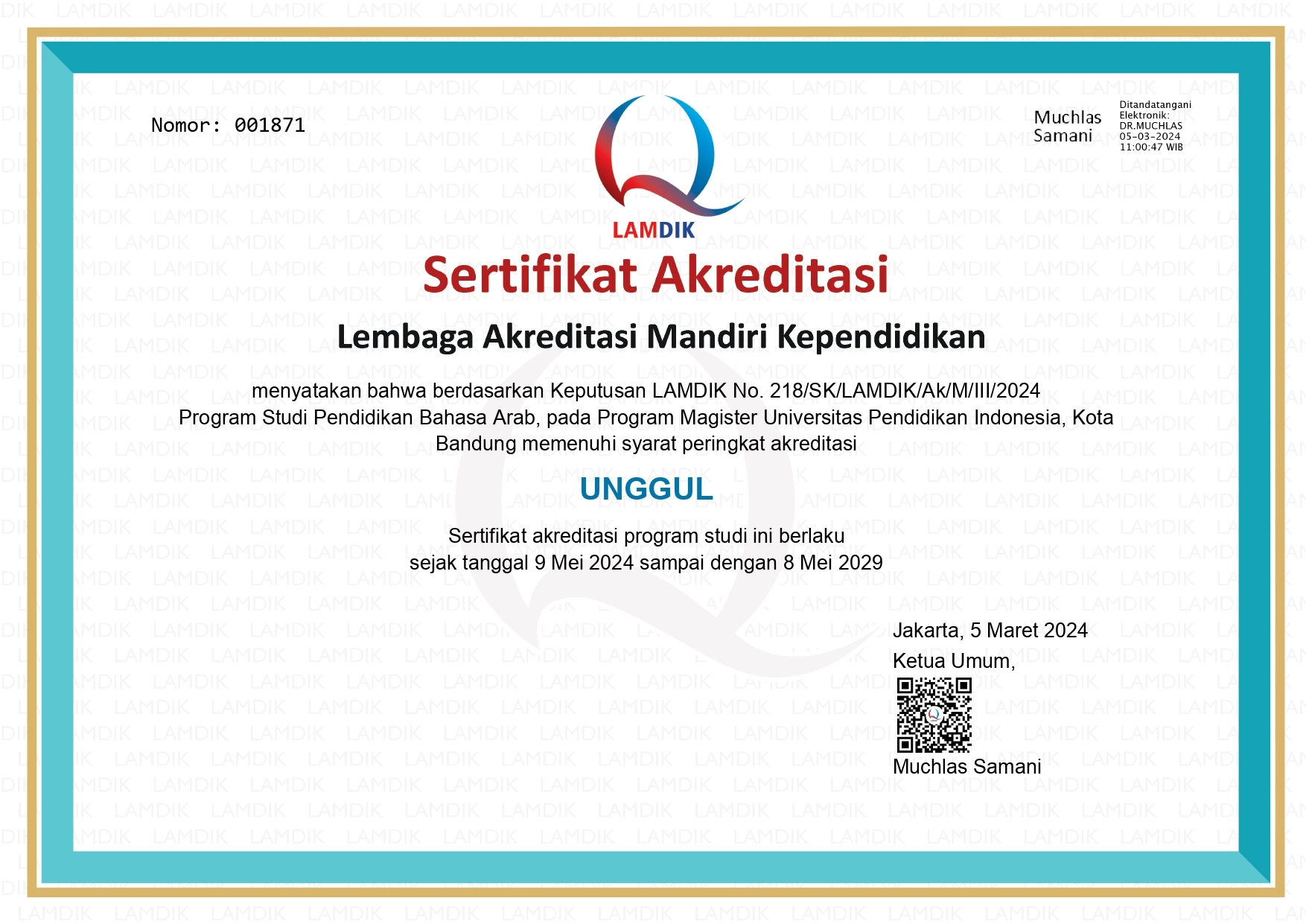 Sertifikat Akreditasi LAMDIK