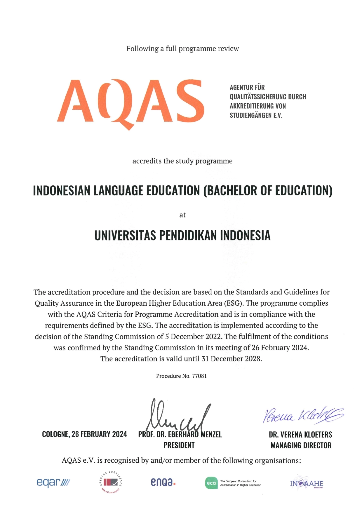 Sertifikat Akreditasi AQAS