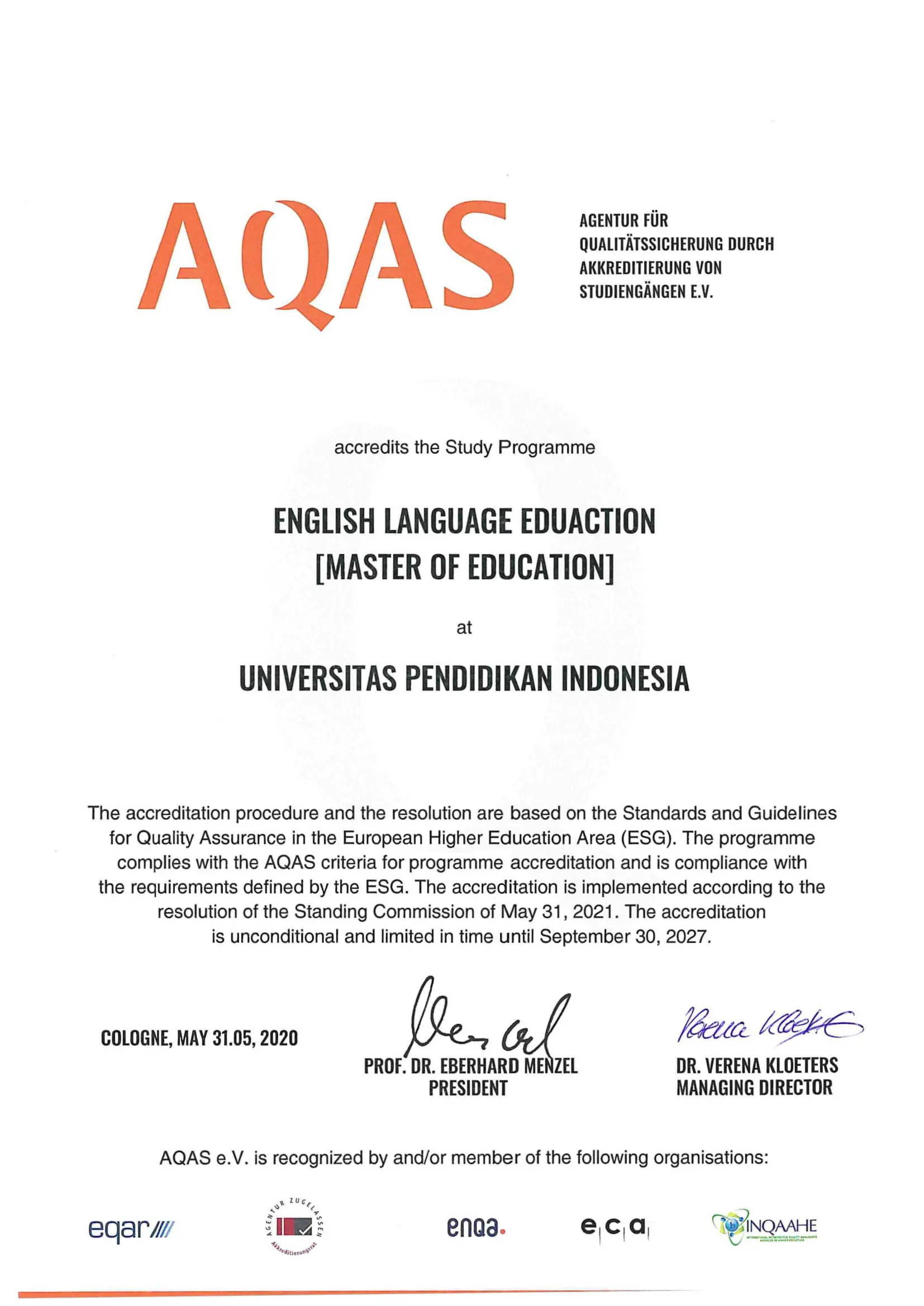 Sertifikat Akreditasi AQAS S2