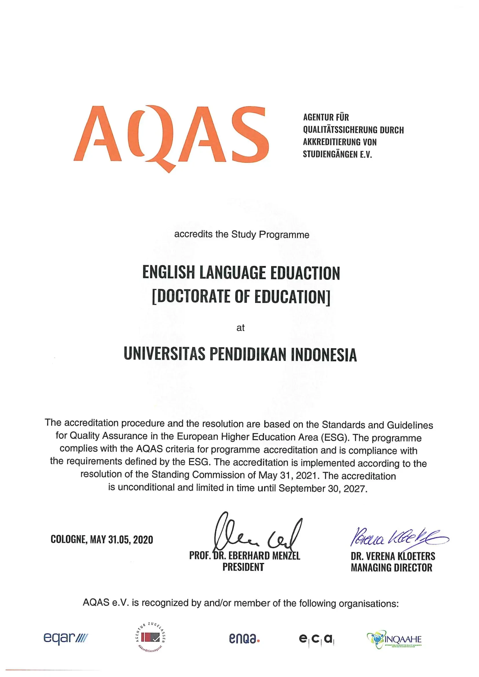 Sertifikat Akreditasi AQAS S3