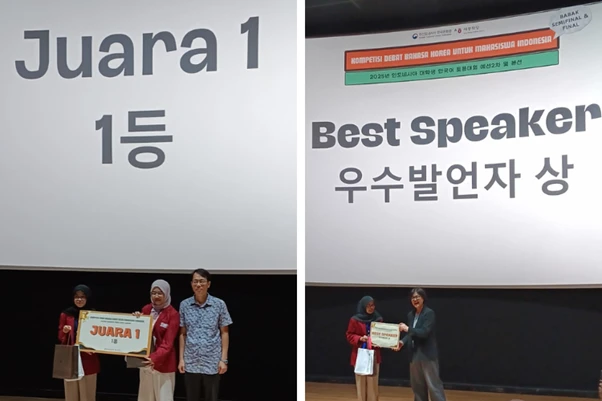 Narisa dan Sapitri saat menerima penghargaan Juara 1 dan Best Speaker